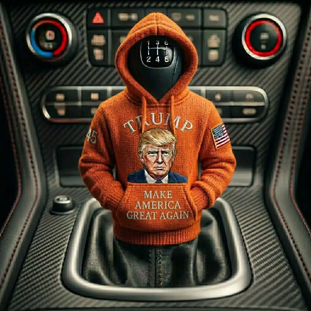 Donald Trump Make America Great Again Car Gear Shifts Hoodies 10 Orange hoodie gear shift cover with Donald Trump graphic inside a car