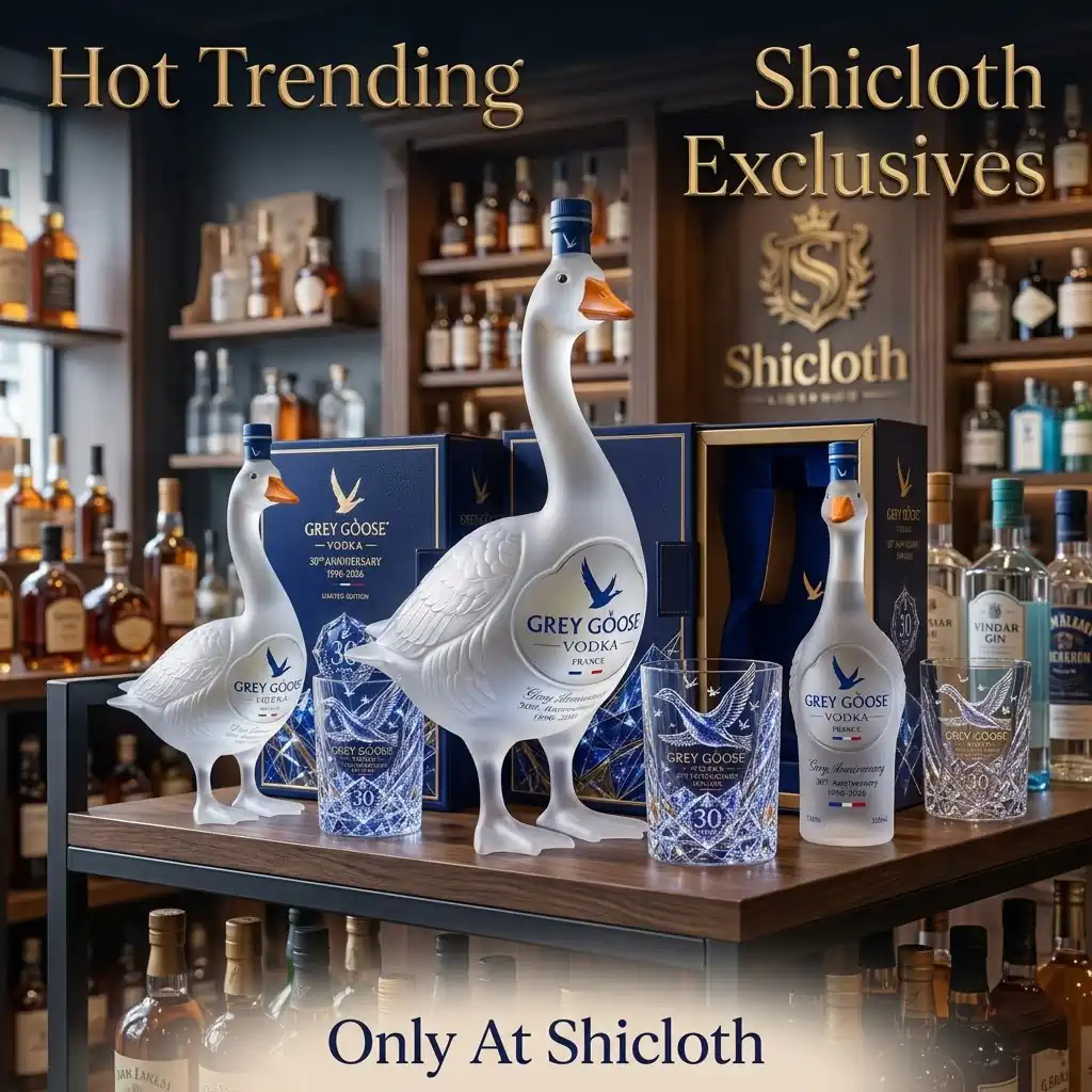 Grey Goose 30th Anniversary limited edition vodka bottles and glassware displayed on a wooden shelf.