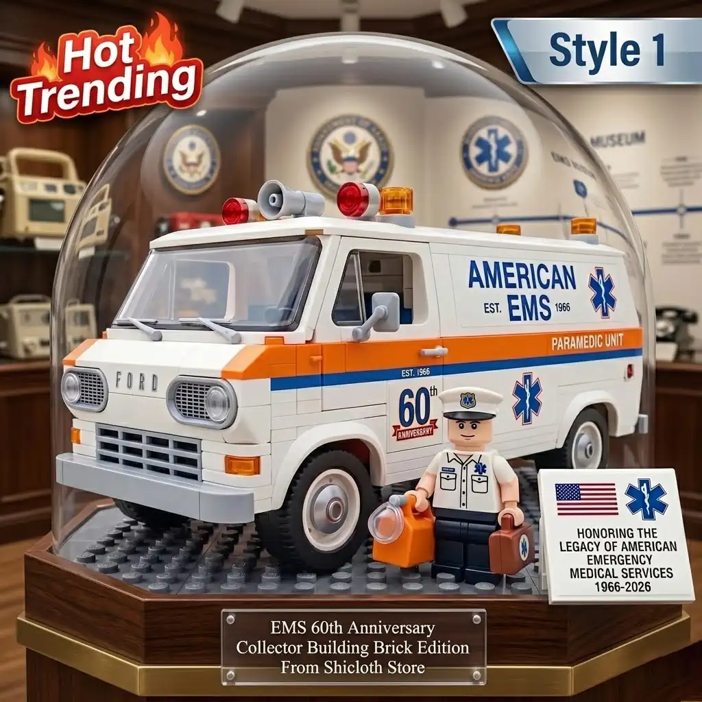 A 60th anniversary Ford American EMS commemorative building brick set inside a glass display case.