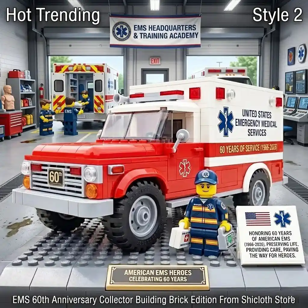 A detailed building brick model of a vintage United States EMS ambulance celebrating 60 years of service.