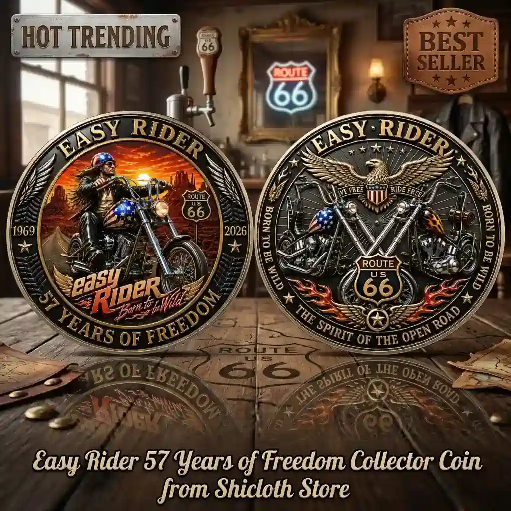 An Easy Rider collector coin showing both sides on a wooden table surface.