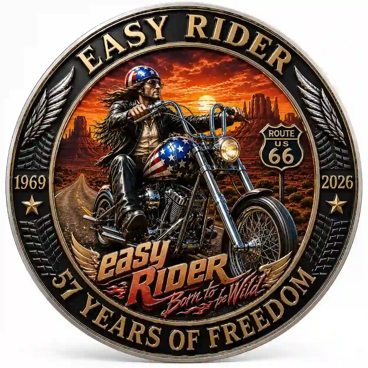 The front side of the Easy Rider collector coin featuring a rider on a motorcycle.