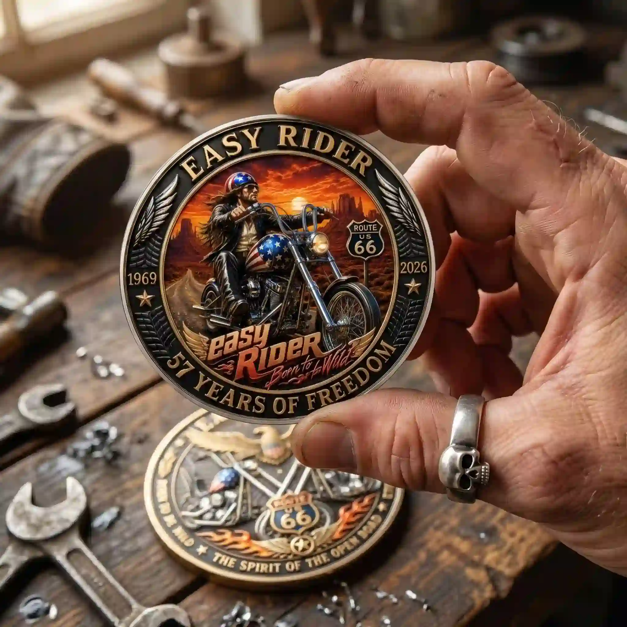 Easy Rider 57 Years of Freedom Collector Coin 4 A person holding the front side of the Easy Rider collector coin in a workshop.