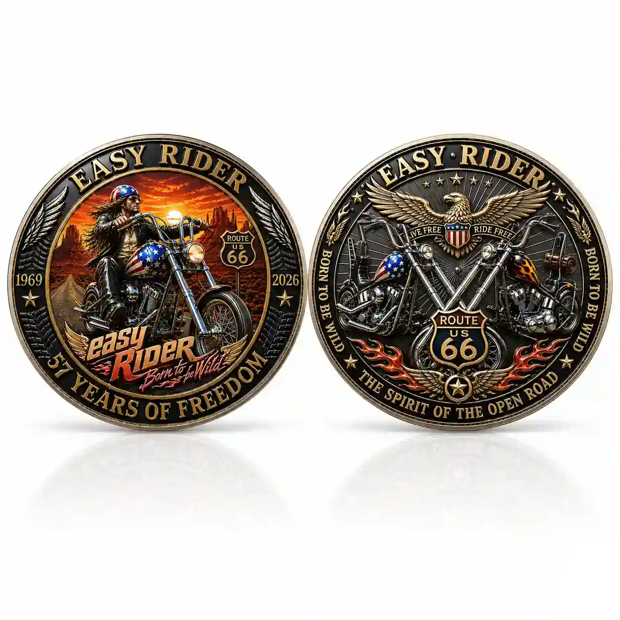 Easy Rider 57 Years of Freedom Collector Coin 5 Both sides of the Easy Rider collector coin presented side by side on a clean white background.