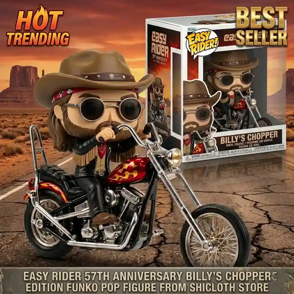 Billy chopper figure riding a motorcycle with product box on a desert background!