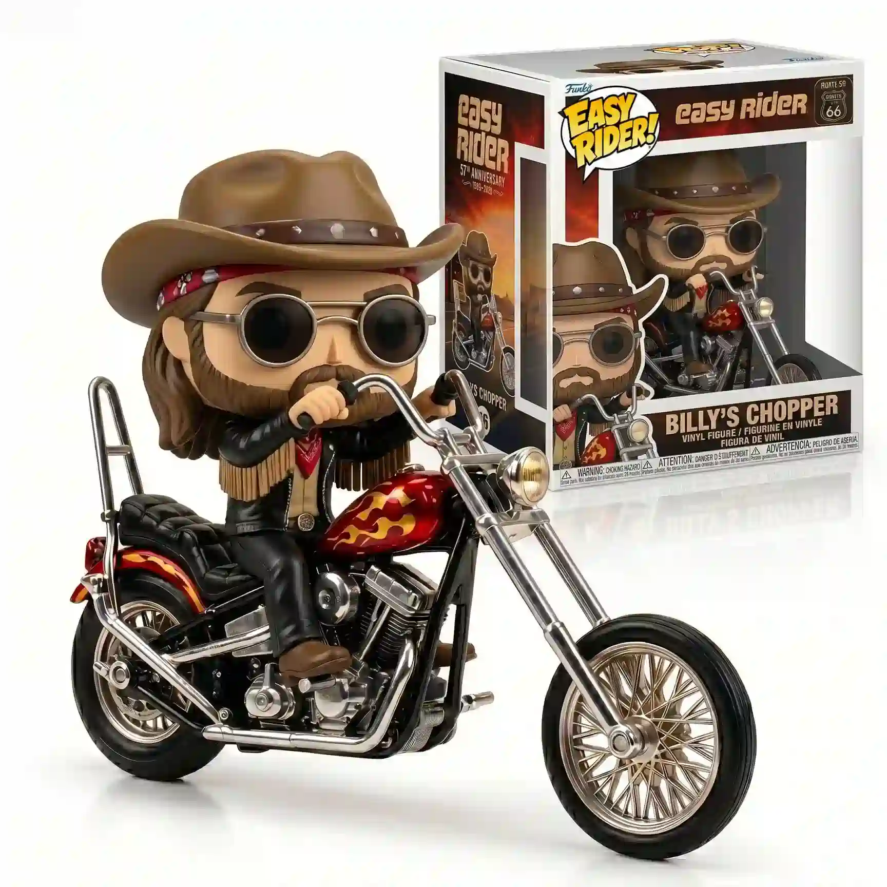 Collectible vinyl figure of Billy riding a chopper motorcycle next to its packaging box on a plain white background!