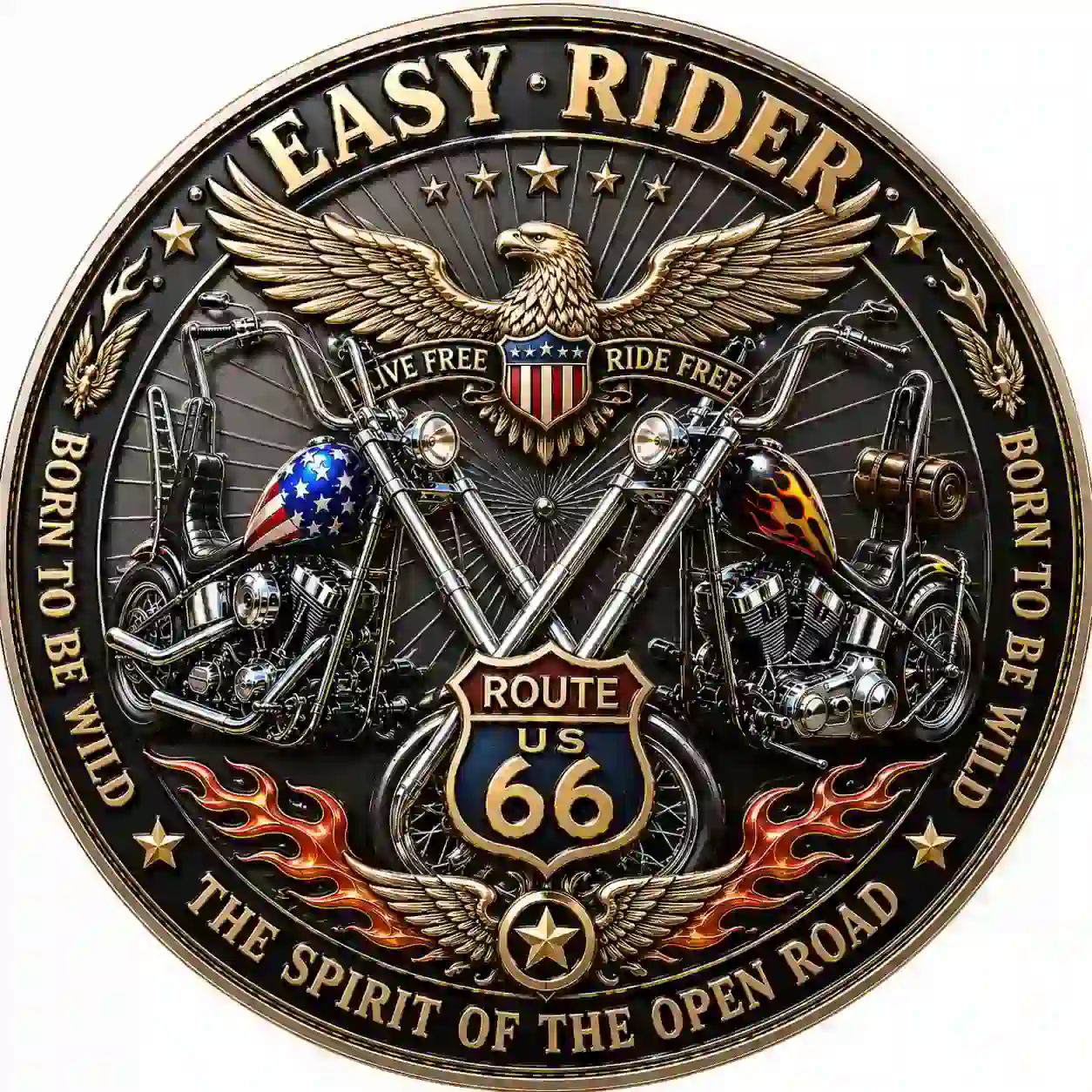Easy Rider 57th Anniversary Chopper Commemorative Coin 4 Close up of a hand holding the silver and black commemorative coins against a blurred desert highway background!