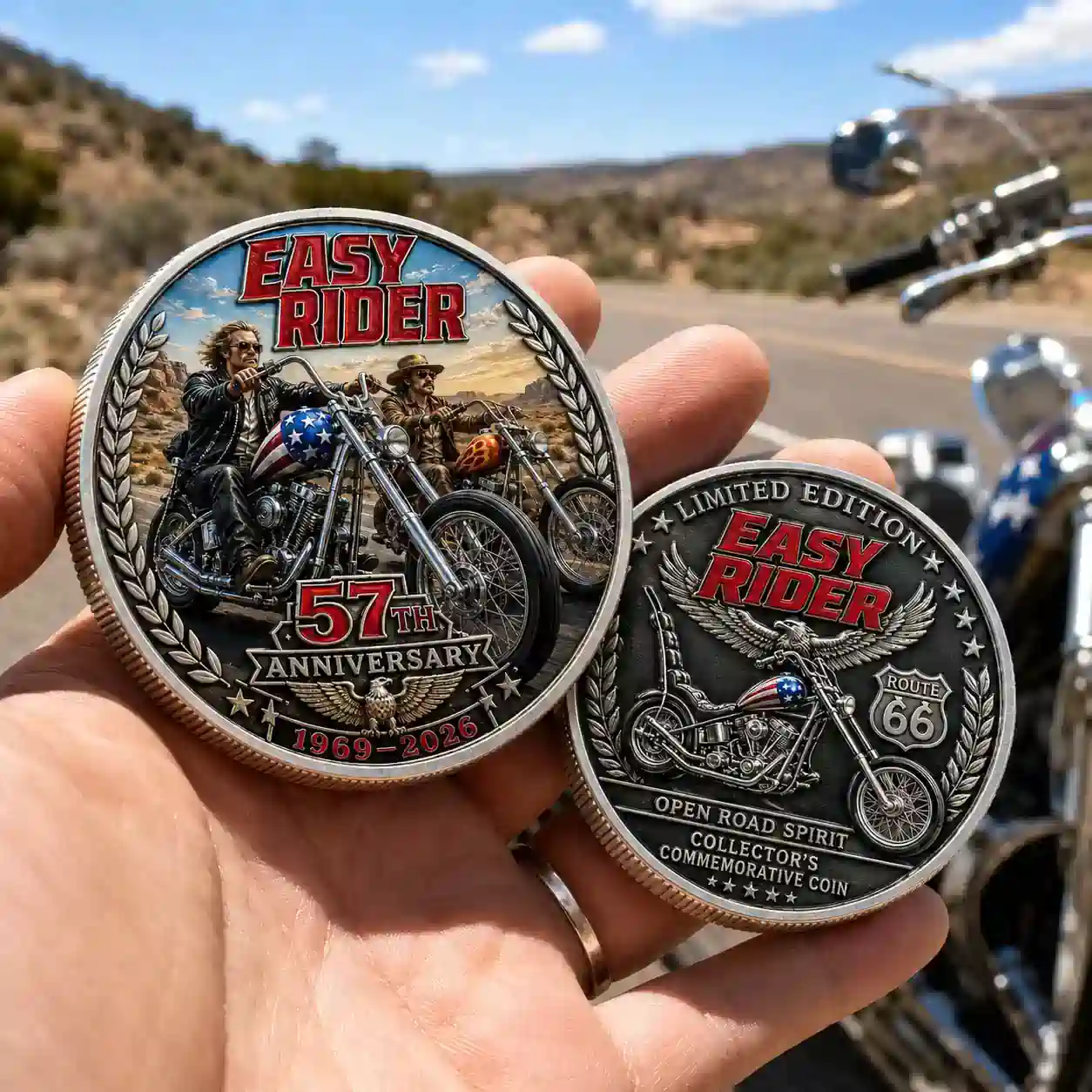 Easy Rider 57th Anniversary Chopper Commemorative Coin 6 High resolution close up of the eagle design side of the motorcycle commemorative coin!