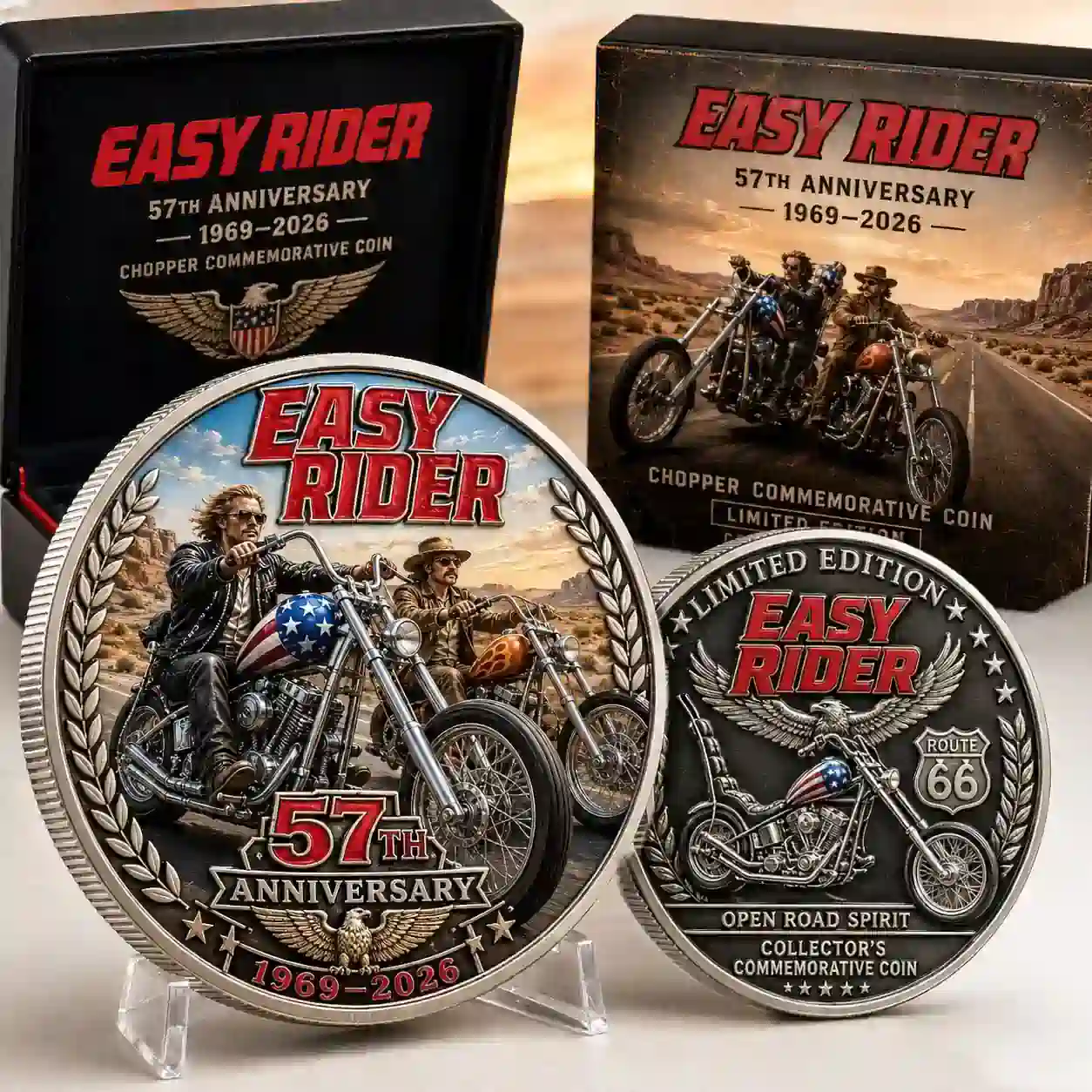 Easy Rider 57th Anniversary Chopper Commemorative Coin 7 Detailed view of the coin face showing a biker riding into a desert sunset under the Easy Rider title!