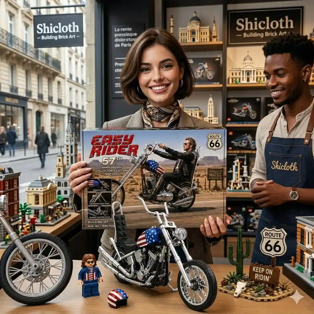 Shicloth store display featuring Easy Rider Route 66 anniversary motorcycle building set with detailed chopper model and collector box!