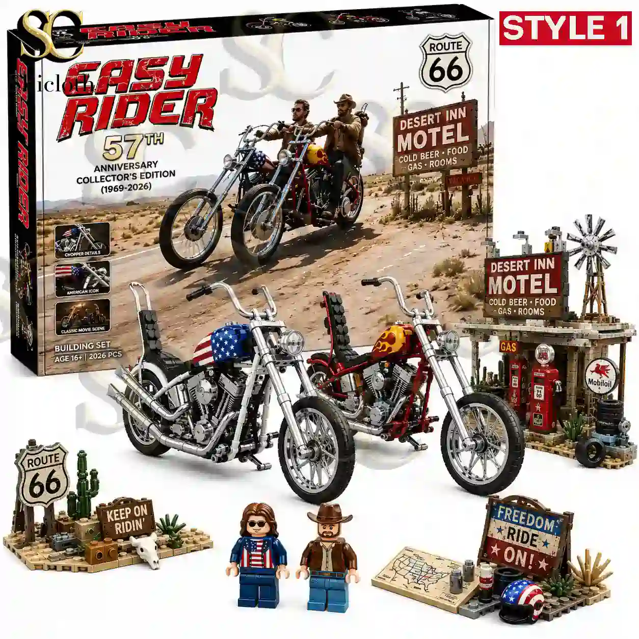 Easy Rider Route 66 Style 1 building set with dual chopper motorcycles desert motel accessories and collectible figures!