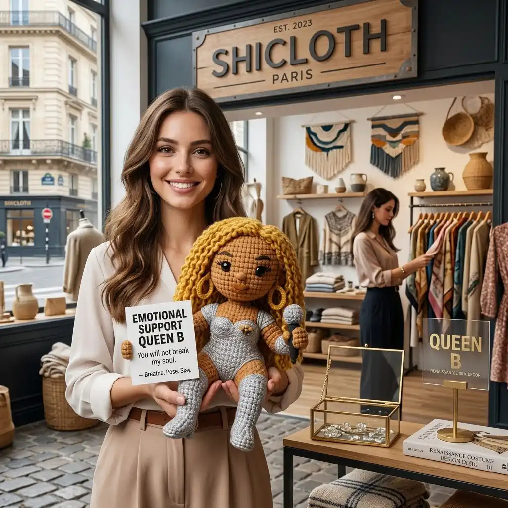 A smiling woman holding a crochet doll in a boutique shop!