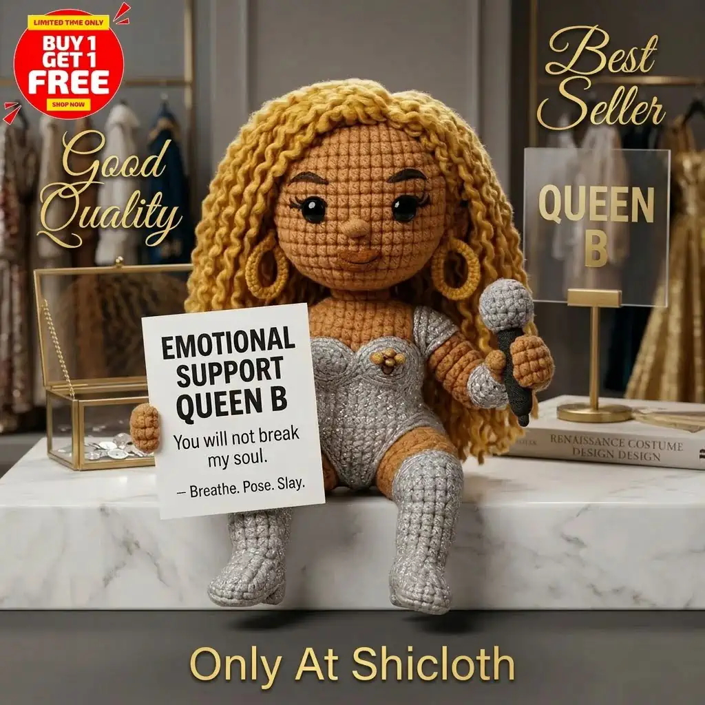 Handmade pop star crochet doll sitting on marble with sales text!