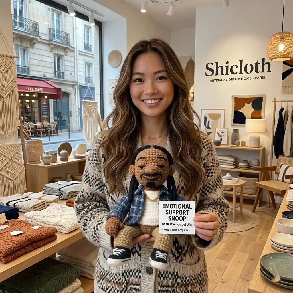 A smiling woman in a Shicloth store holding a handmade crochet rapper doll with an emotional support sign!