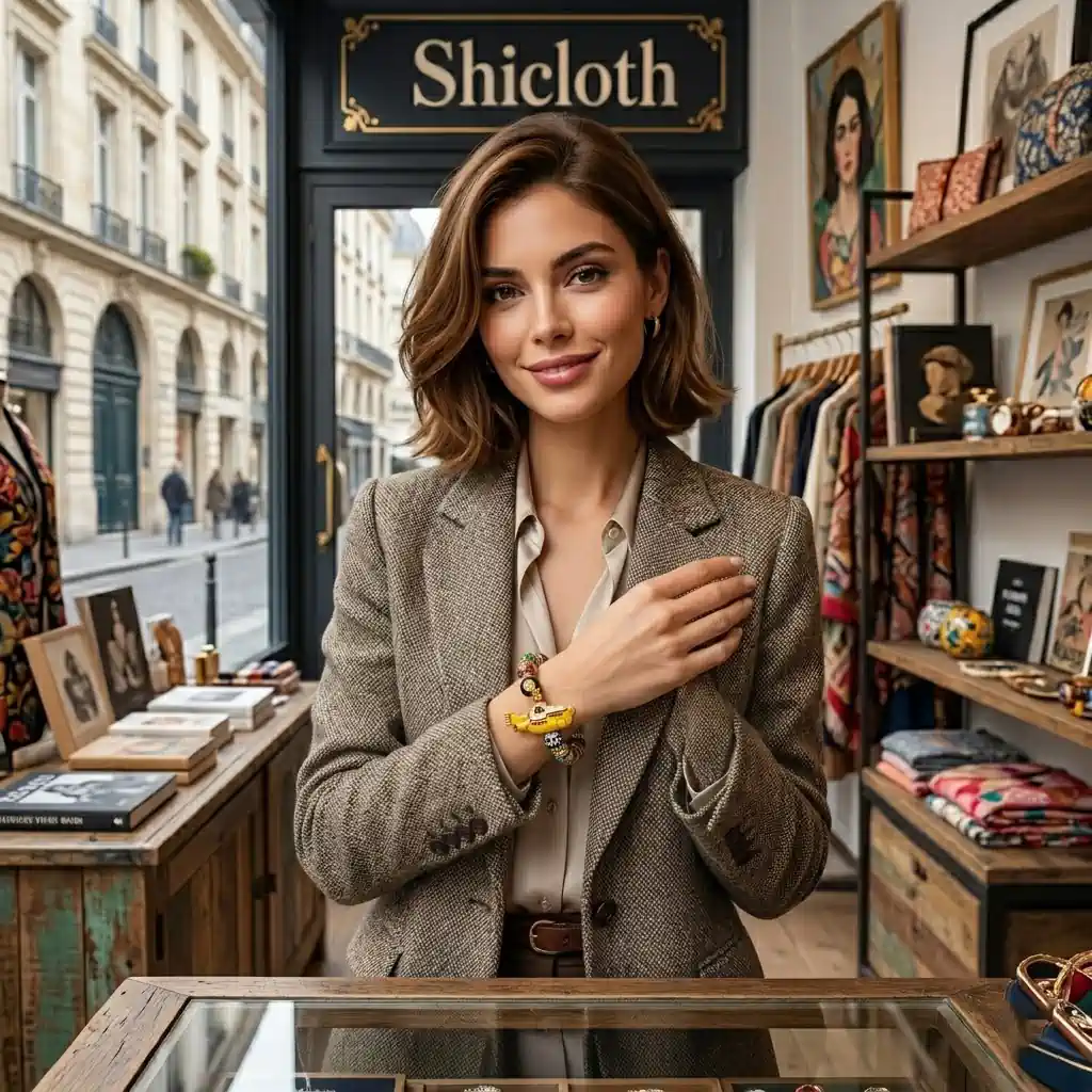 Woman wearing Yellow Submarine bracelet inside Shicloth fashion store!