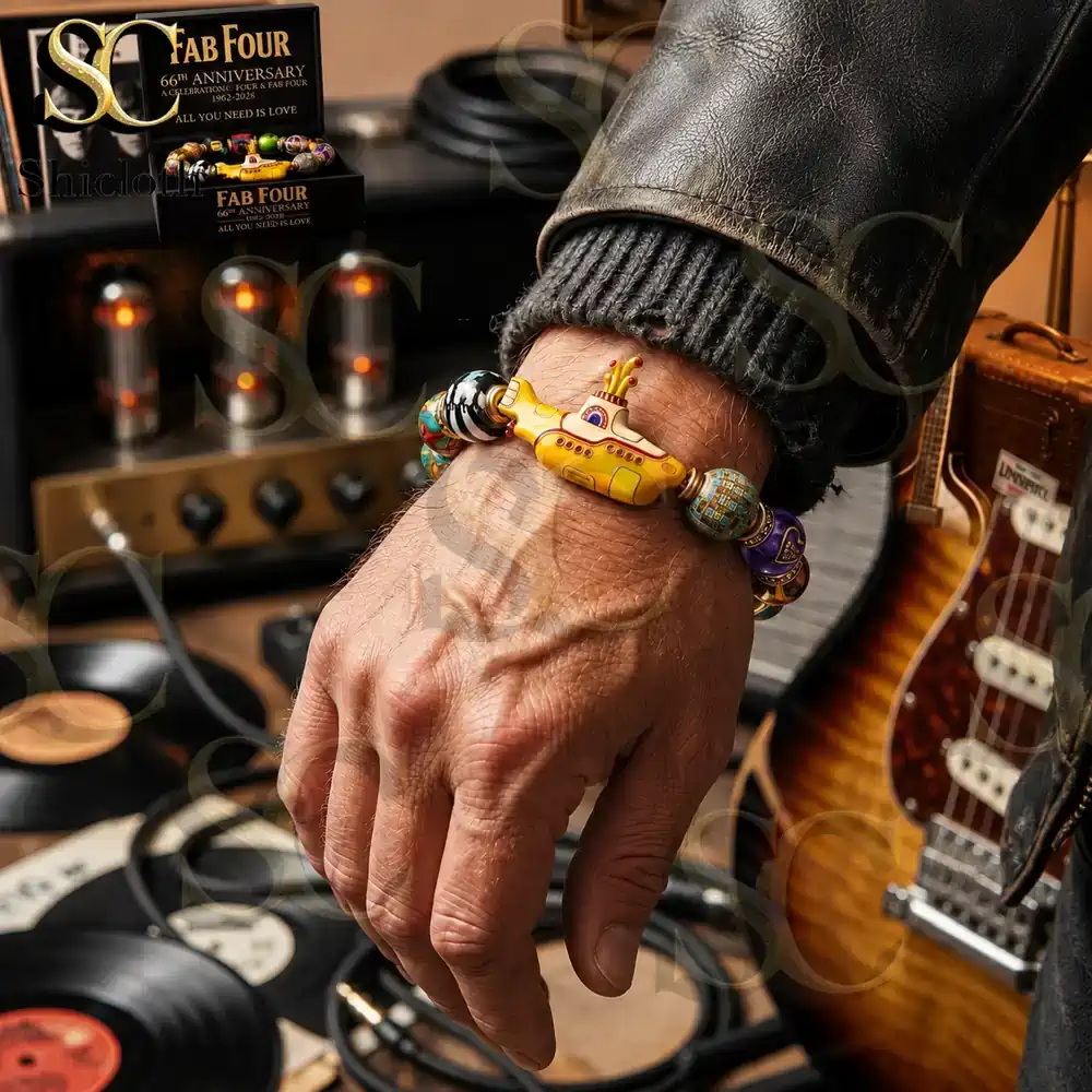 Fab Four 66th Anniversary Commemorative Bracelet 3 Yellow Submarine bracelet worn in a retro music studio setting!