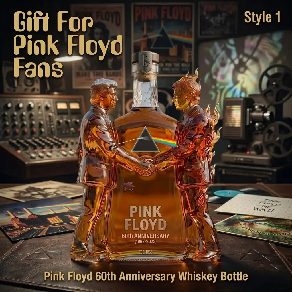 Pink Floyd anniversary whiskey bottle with handshake figures in vintage music studio!