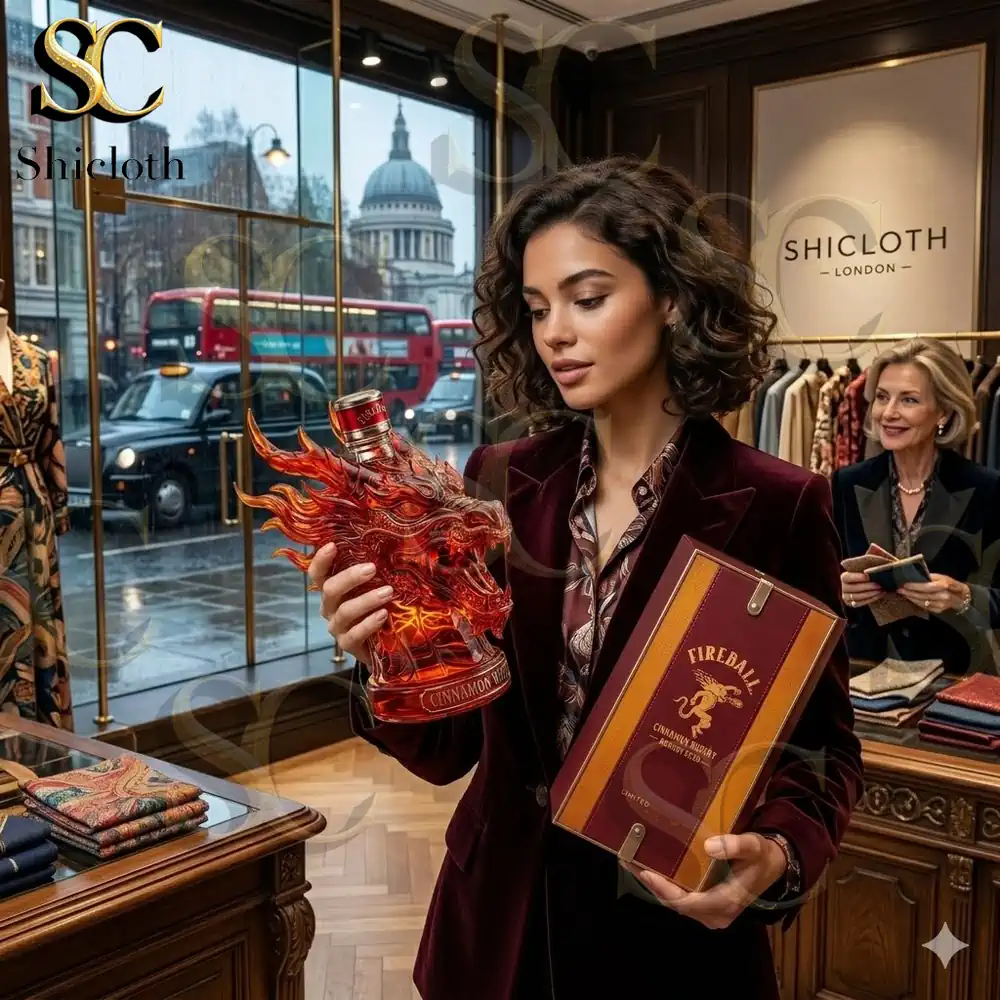 Woman holding dragon shaped cinnamon whisky bottle in luxury clothing store!