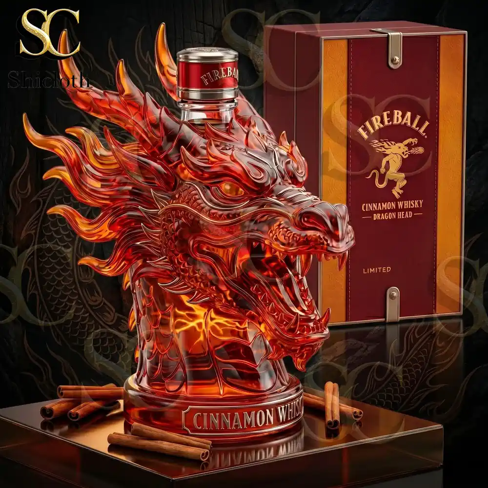 Close up dragon head cinnamon whisky bottle with luxury box!