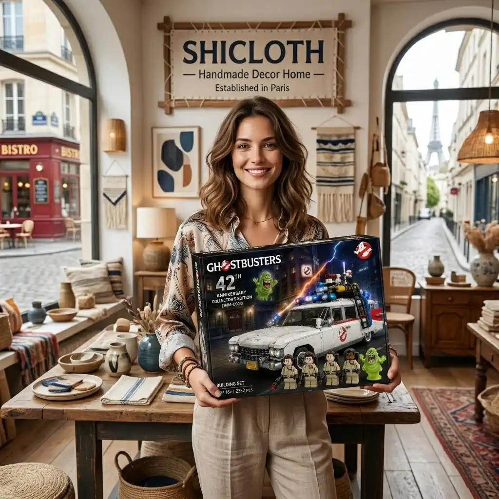 Woman holding Ghostbusters ECTO One building set inside Shicloth decor shop in Paris!
