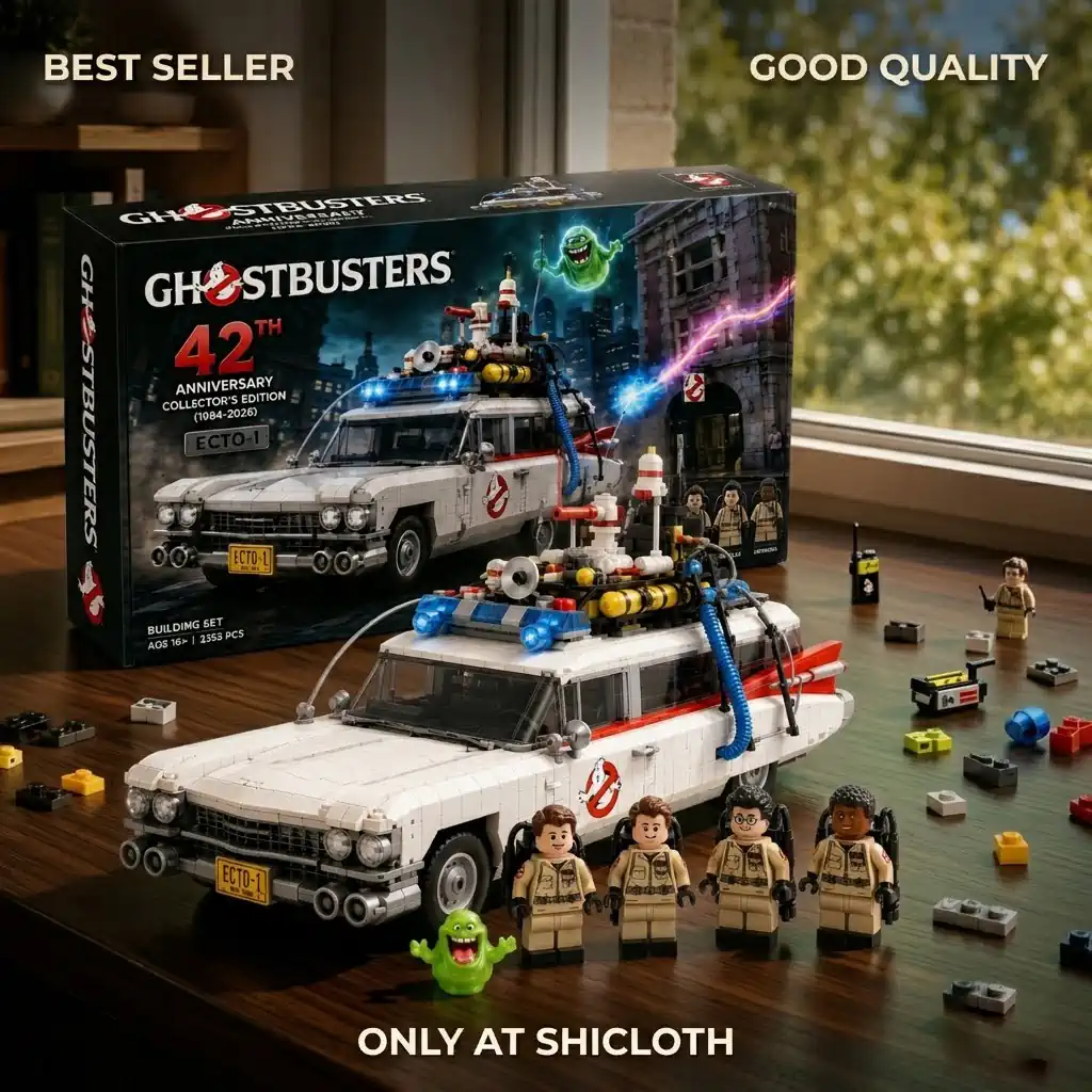 Ghostbusters ECTO One building set displayed on wooden table with product box!