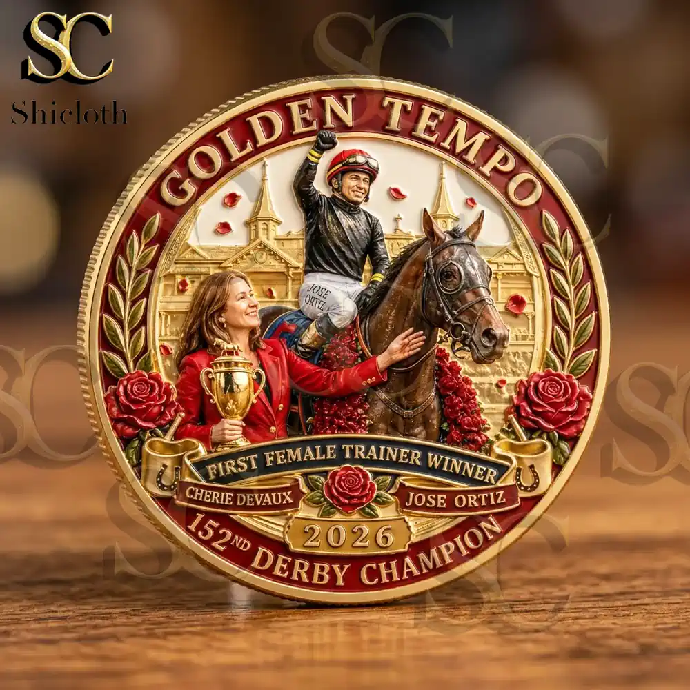 Front side of Golden Tempo Kentucky Derby commemorative coin with horse racing artwork!