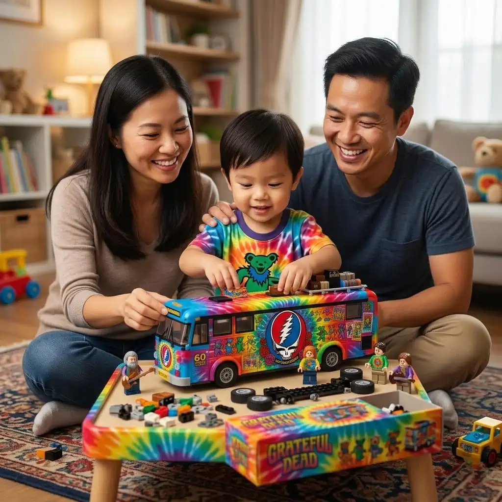 Family playing with a Grateful Dead themed bus building block set.