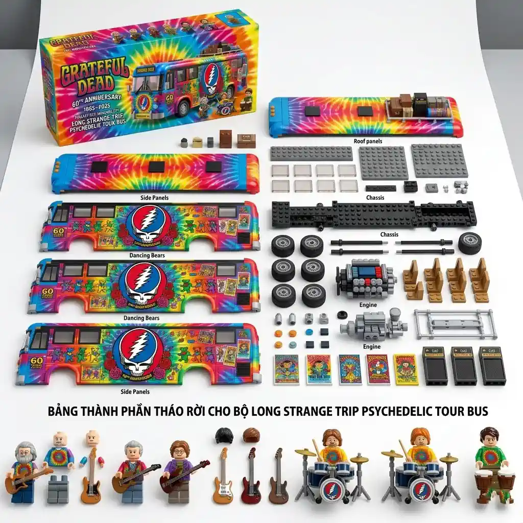 Grateful Dead 60th Anniversary bus construction toy set components laid out