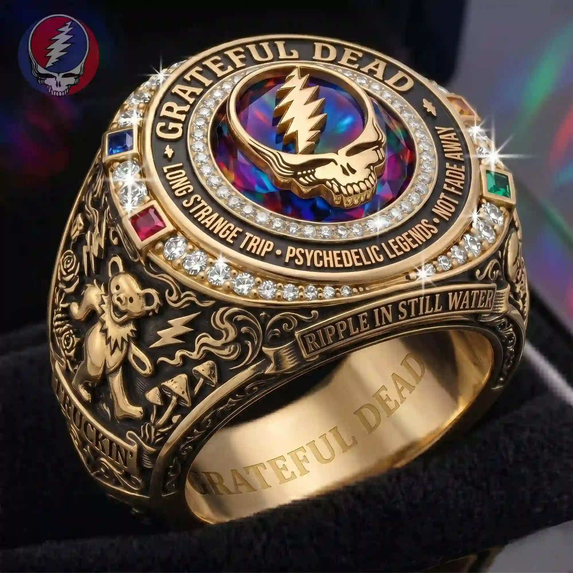 Custom Grateful Dead gold championship ring with Stealie logo and psychedelic inlay
