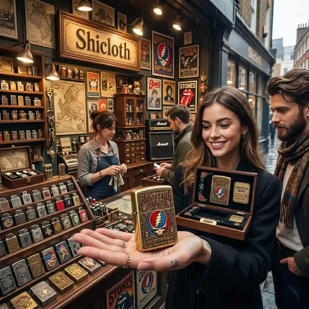Woman holding a Grateful Dead branded lighter in a vintage tobacco shop