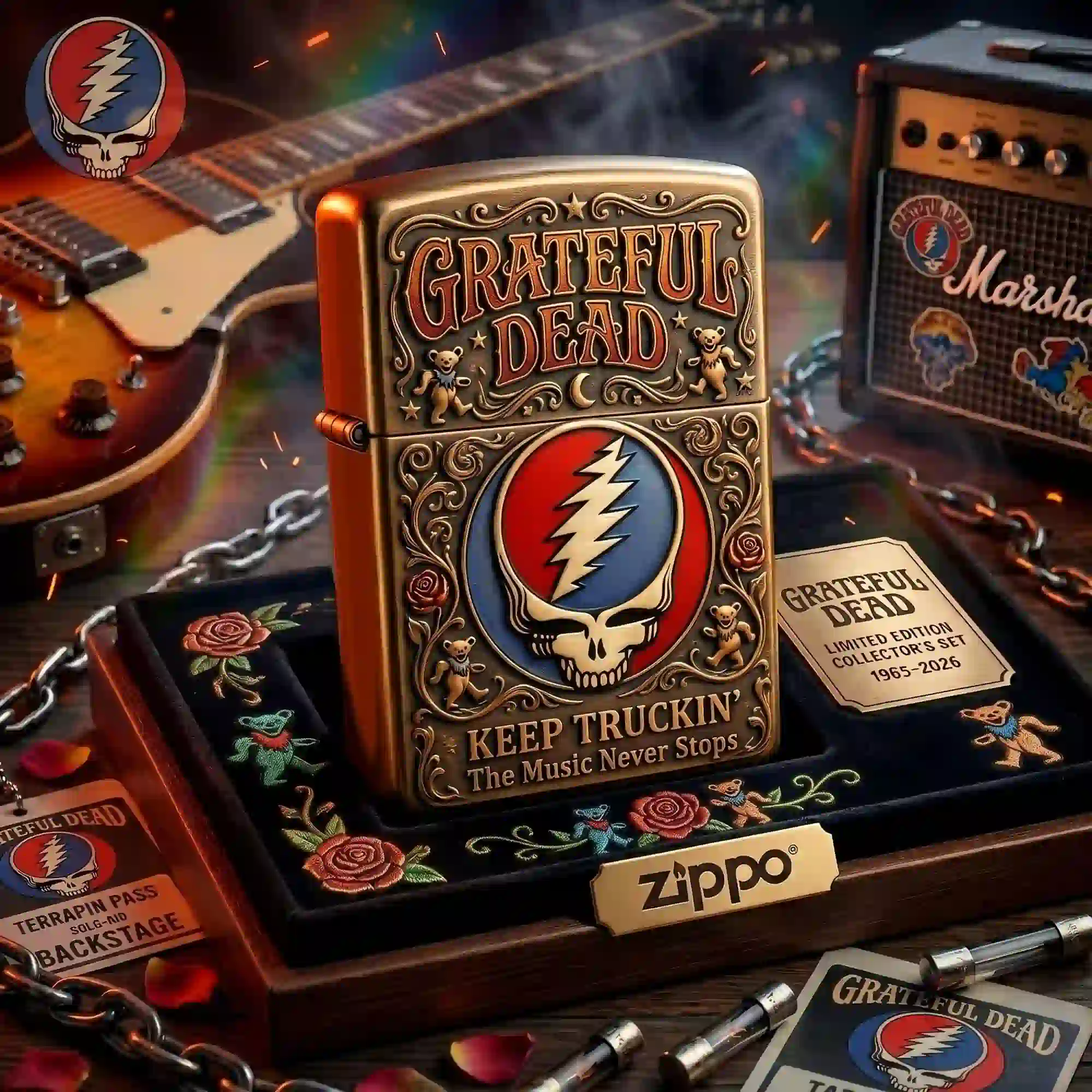 Antique brass Zippo lighter featuring Grateful Dead skull and roses iconography in a collector's display box.