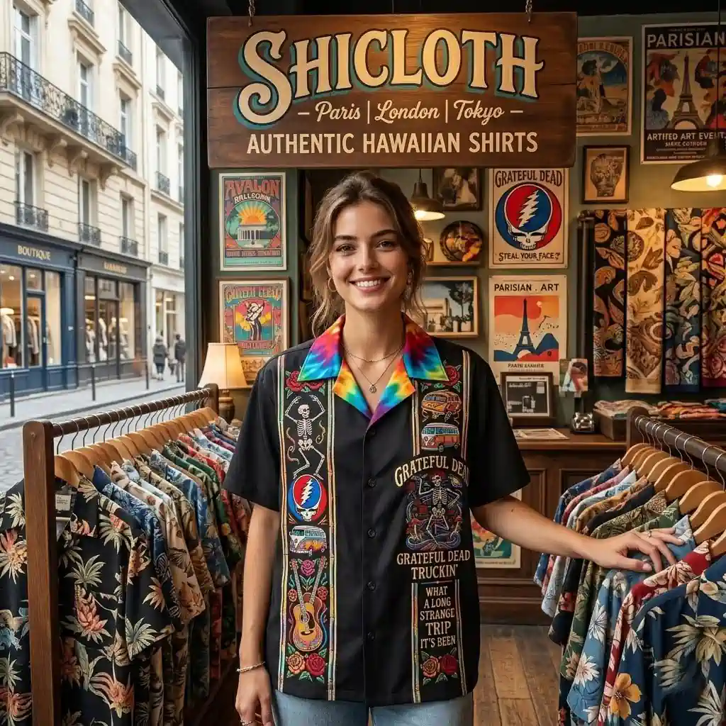 A woman wearing a Grateful Dead themed Hawaiian shirt in a retail shop.