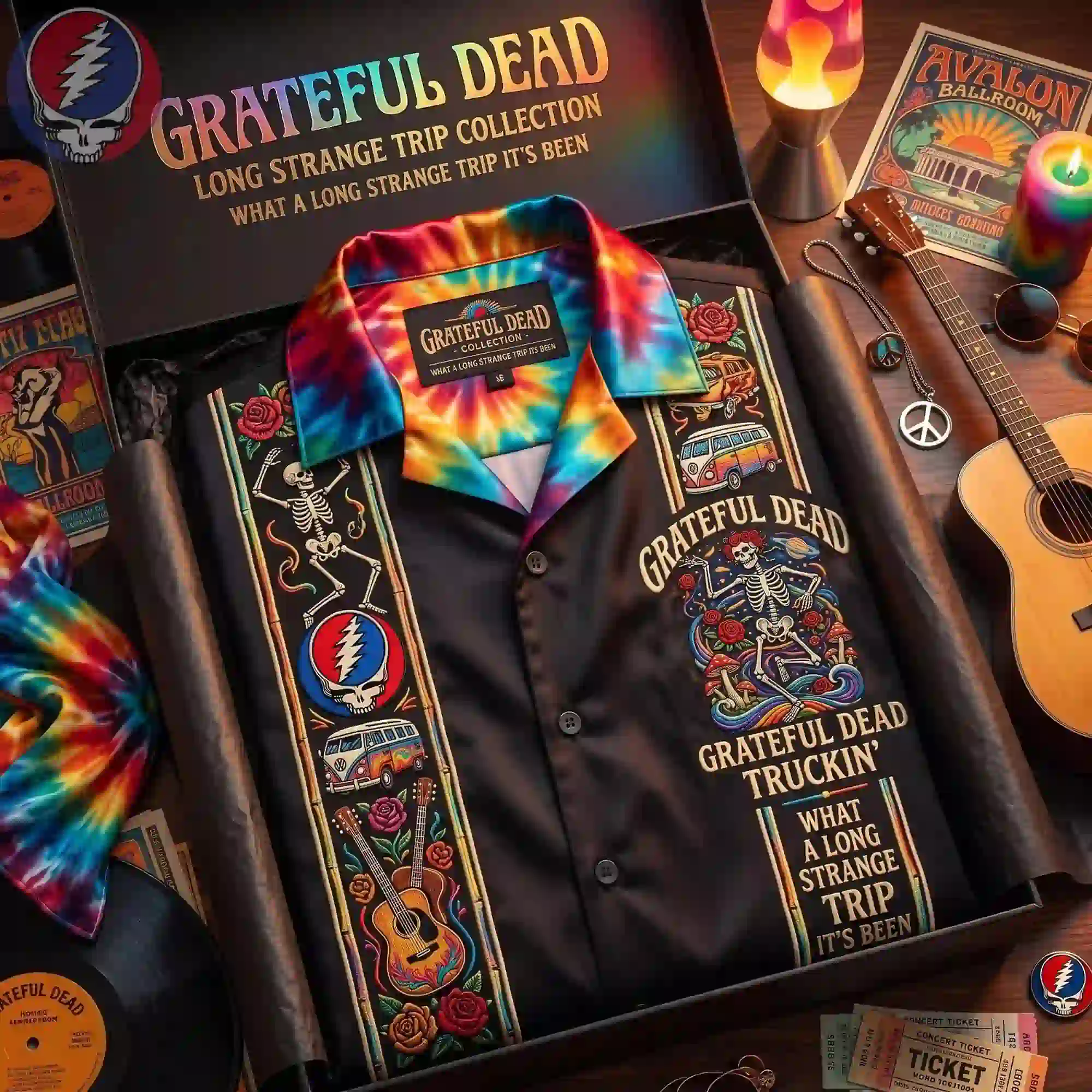 Grateful Dead Long Strange Trip themed button-up shirt in packaging