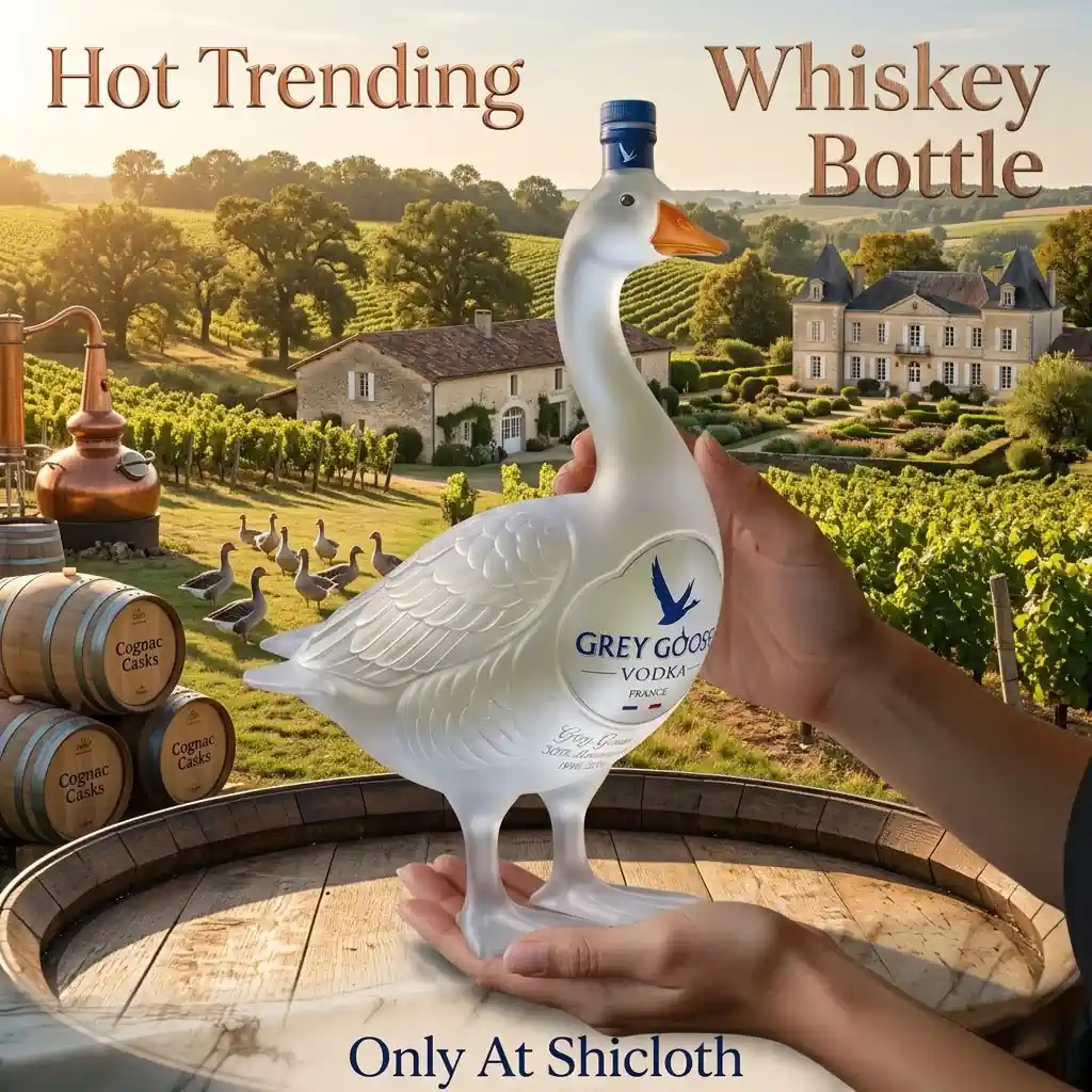Hands holding a 3D sculpted Grey Goose vodka bottle over a wooden barrel with a vineyard background!