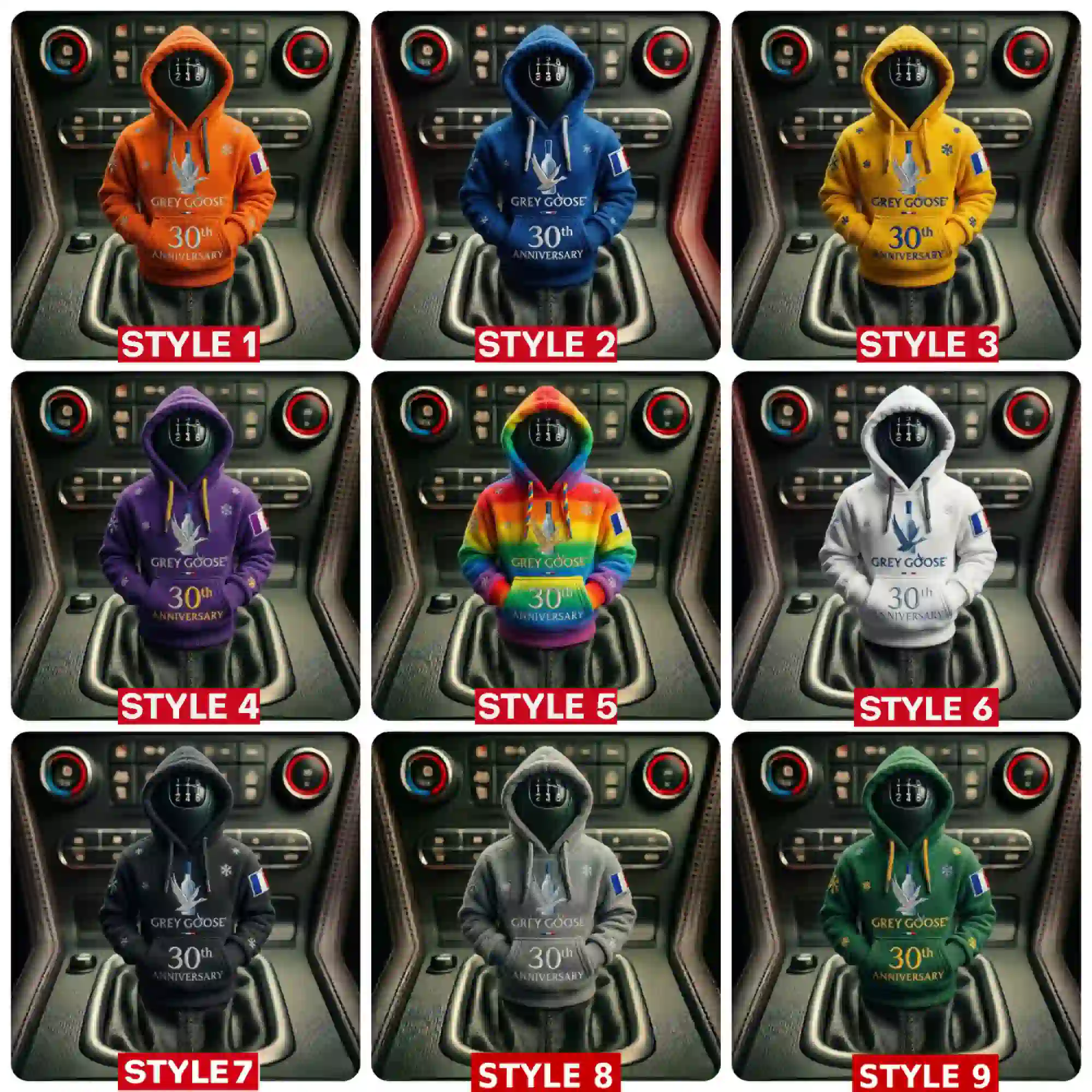 Nine miniature Grey Goose 30th Anniversary hoodies displayed on car gear shifters in various colors.