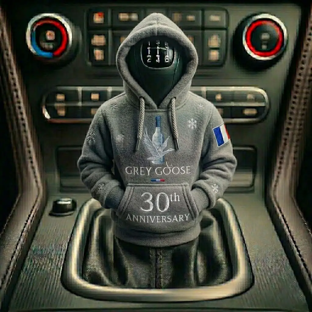 Grey Goose 30th anniversary hoodie cover on a car manual gear shift knob