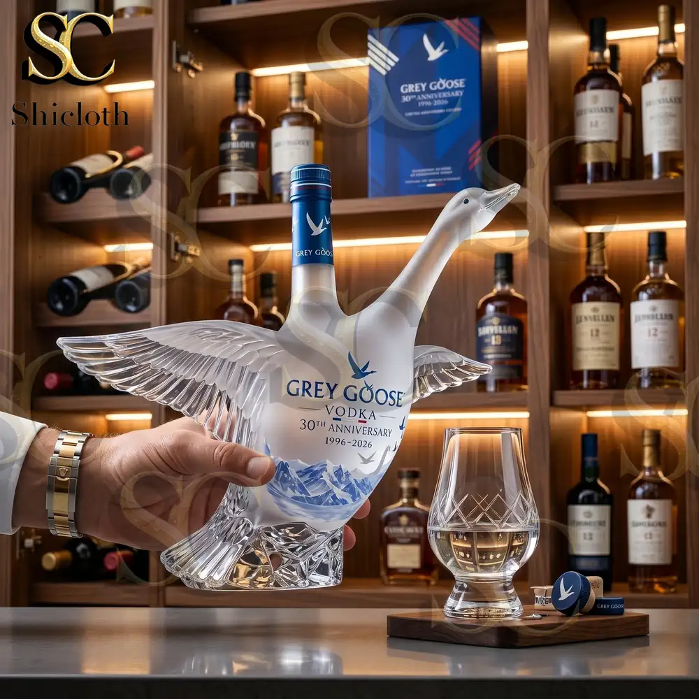 Close view of Grey Goose swan bottle in front of liquor shelf