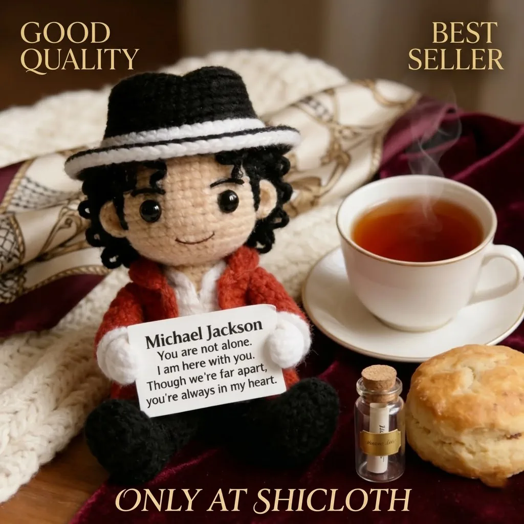 Michael Jackson amigurumi doll sitting next to a cup of tea.
