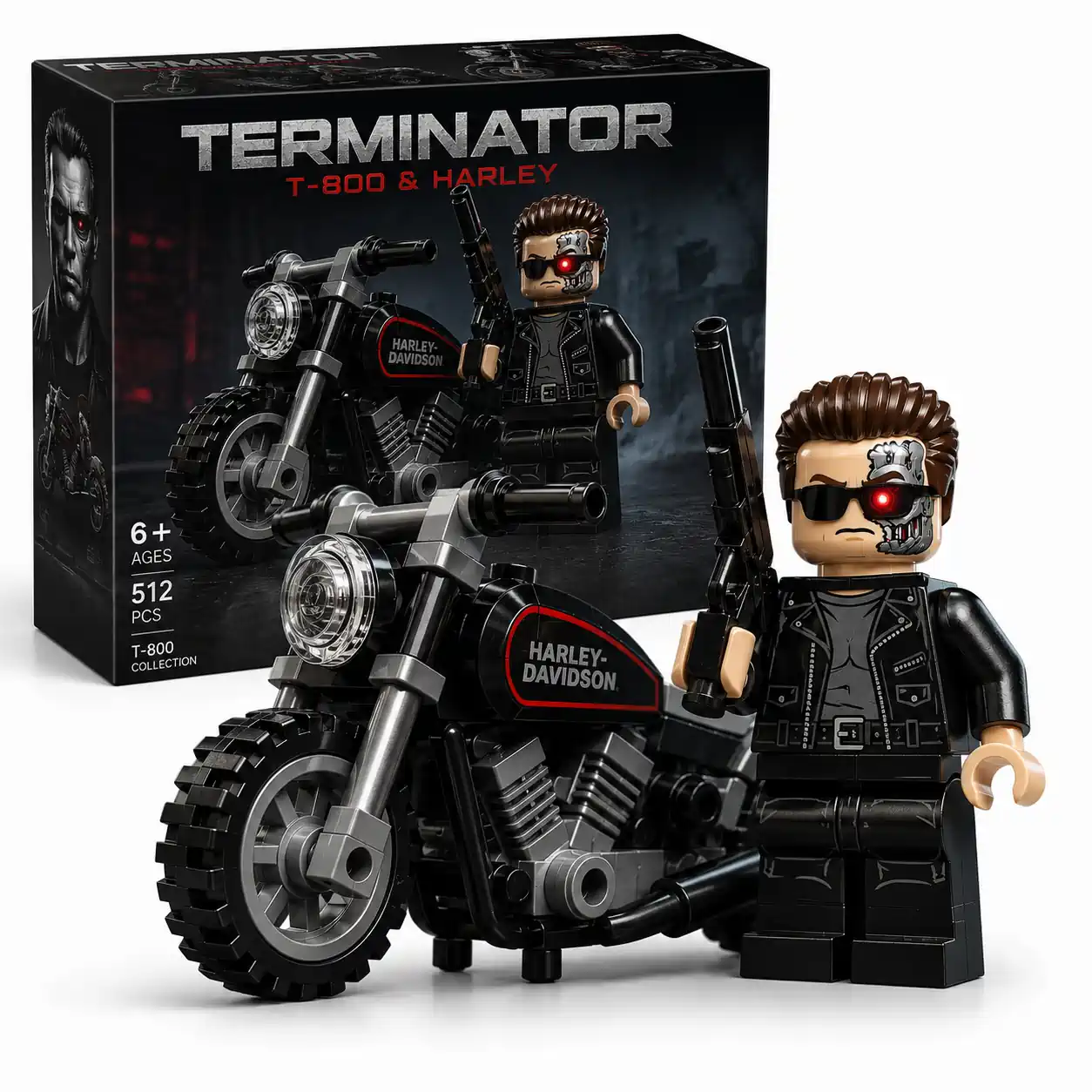 Terminator T-800 minifigure and Harley-Davidson motorcycle building block set