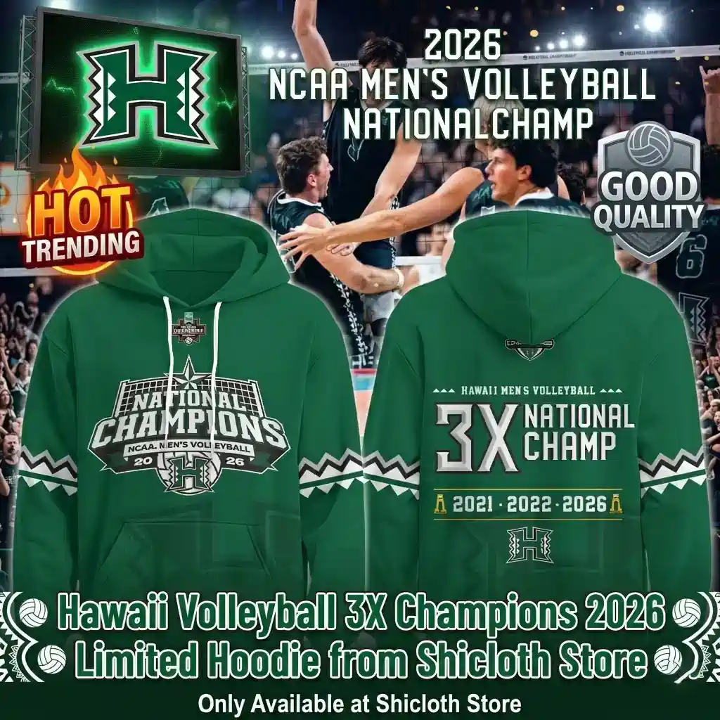 Front and back view of a green hoodie celebrating Hawaii Mens Volleyball as national champions with a hot trending badge and Shicloth store text at the bottom.