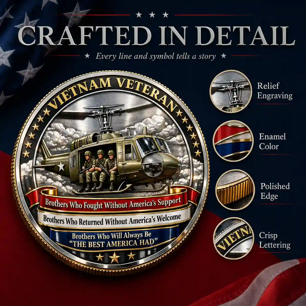 Vietnam Veteran commemorative challenge coin featuring a Huey helicopter and infantry soldiers.
