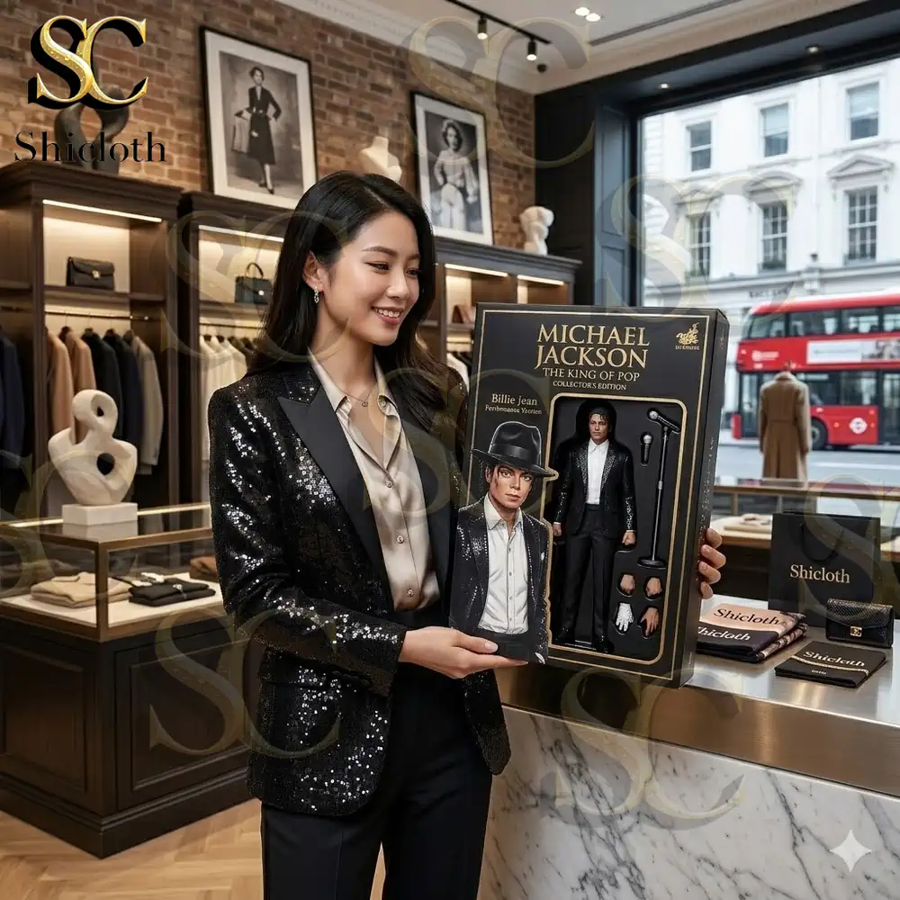 Woman holding Michael Jackson collector figure box in fashion store