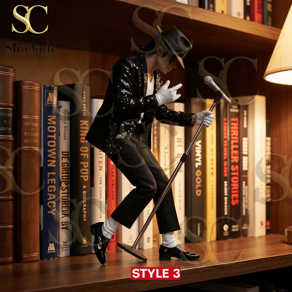 Michael Jackson figure performing with microphone on bookshelf