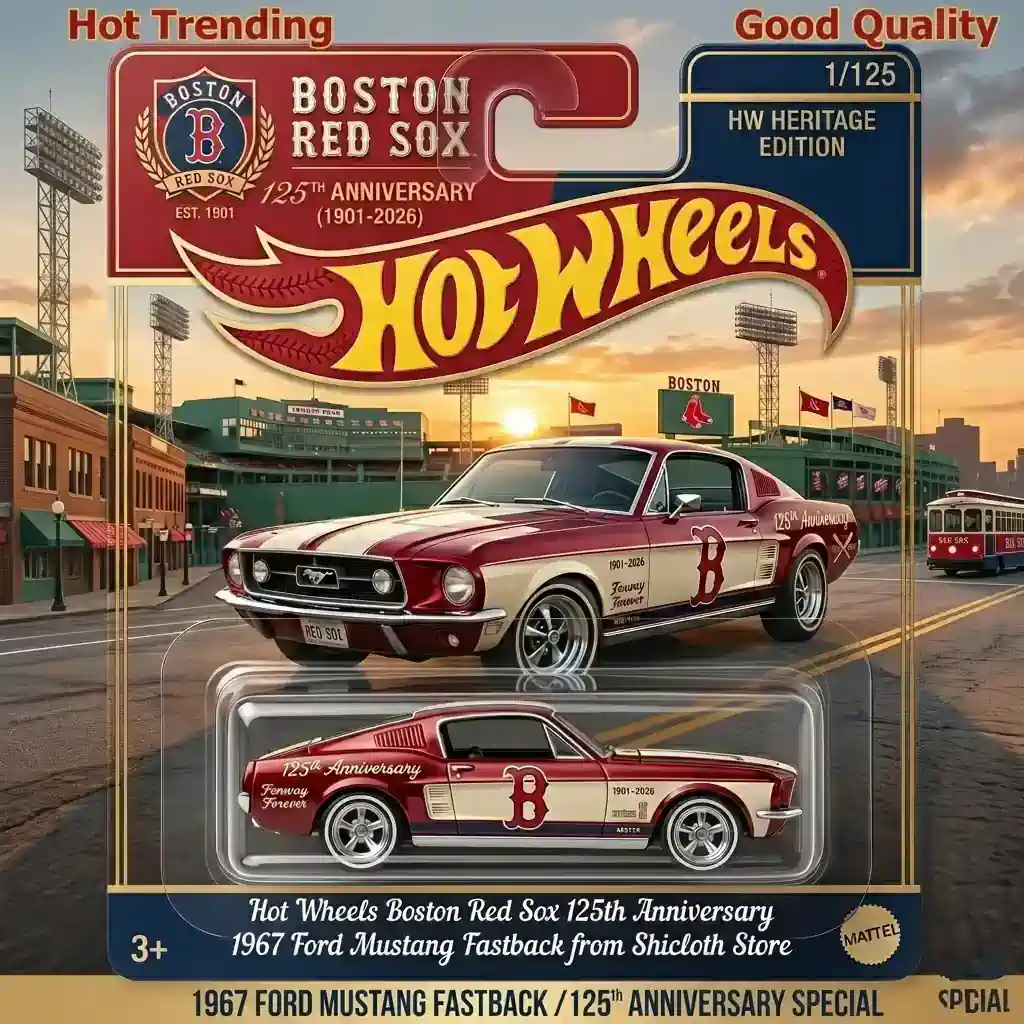 Boston Red Sox 125th Anniversary Hot Wheels Mustang Fastback in collectible display packaging!