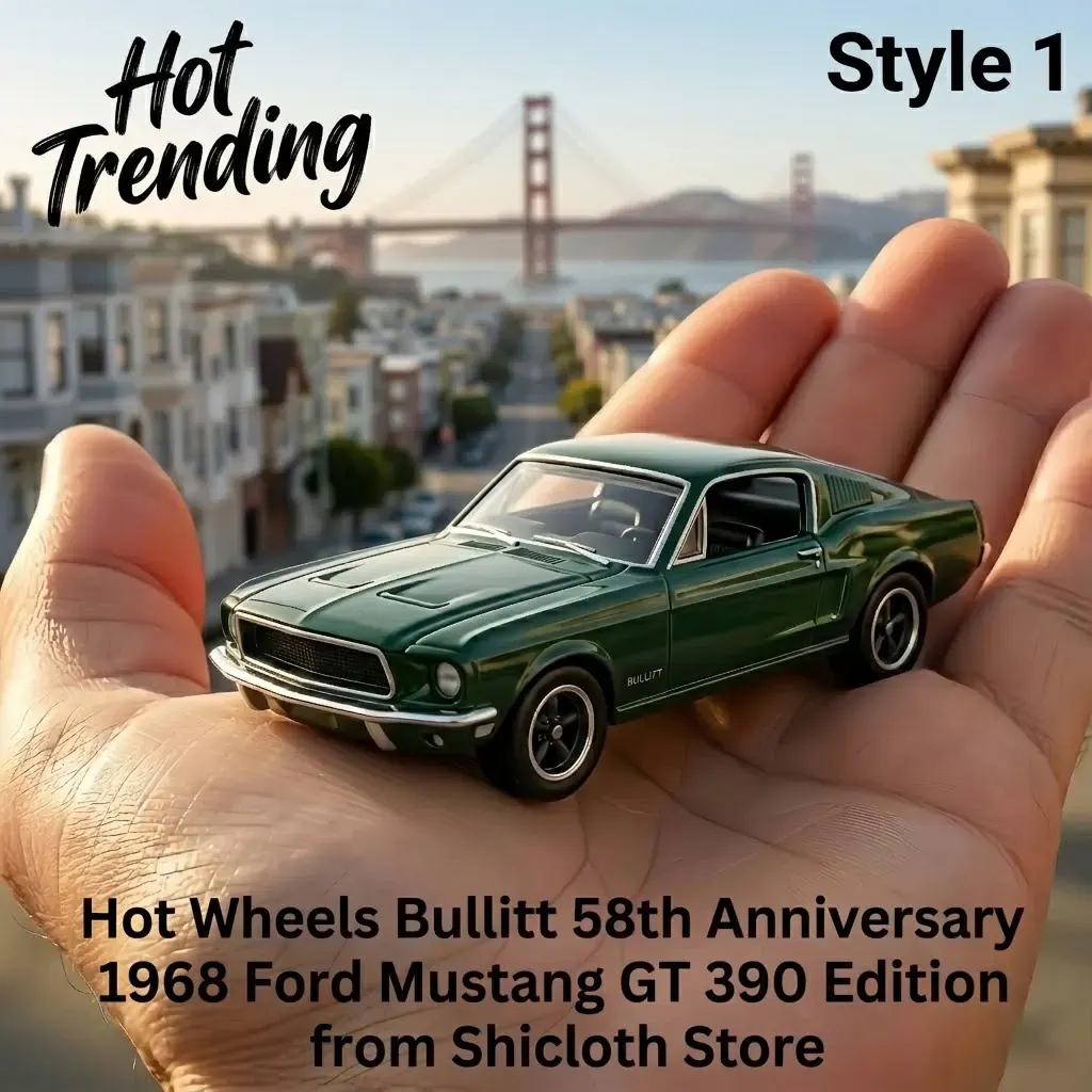 Green Bullitt Mustang GT 390 model car displayed on hand with city bridge background!