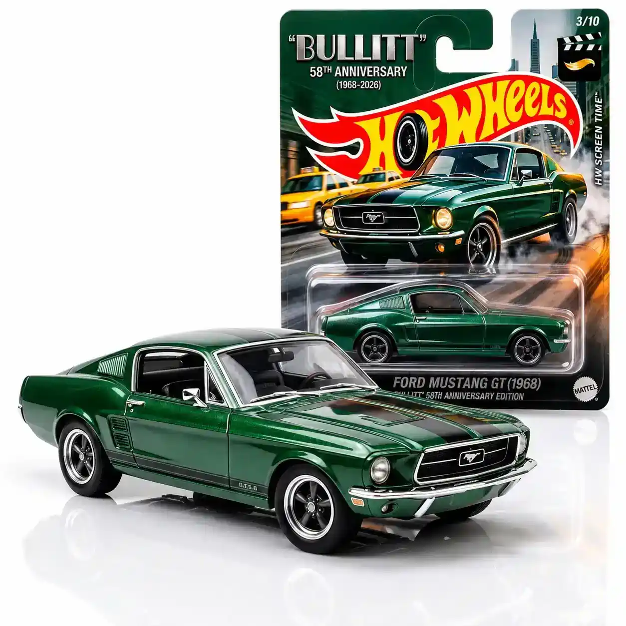 Green Bullitt Mustang GT 390 model car displayed beside anniversary package!