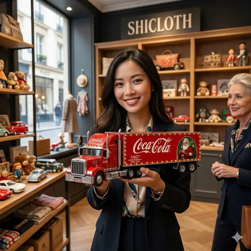 Customer holding Coca Cola Holiday Truck collectible inside Shicloth store!