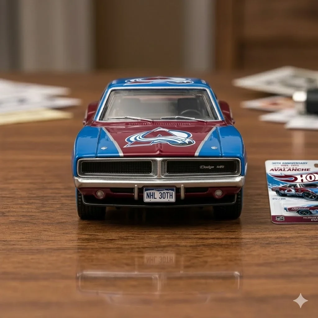 Front view of Colorado Avalanche custom charger model car displayed on wooden table from Shicloth!
