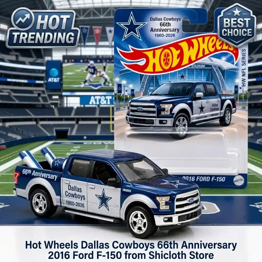Hot Wheels Dallas Cowboys 66th Anniversary 2016 Ford F150 toy on display in stadium setting