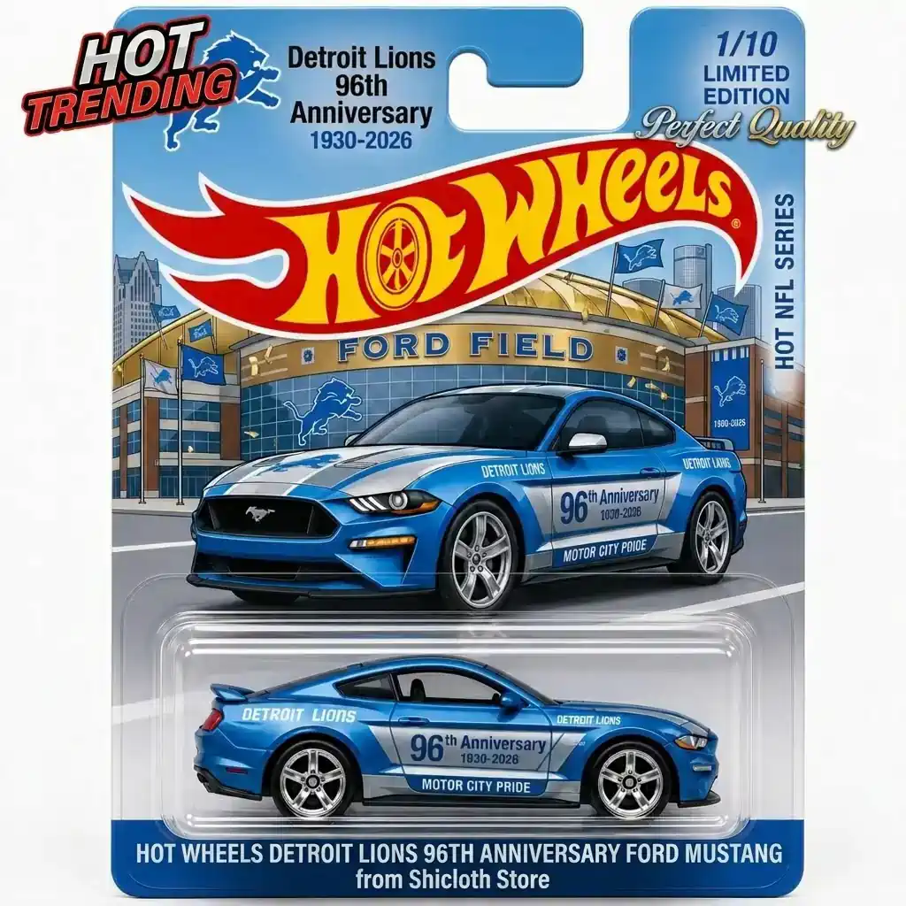 Hot Wheels Detroit Lions 96th Anniversary Ford Mustang toy in packaging with Ford Field background